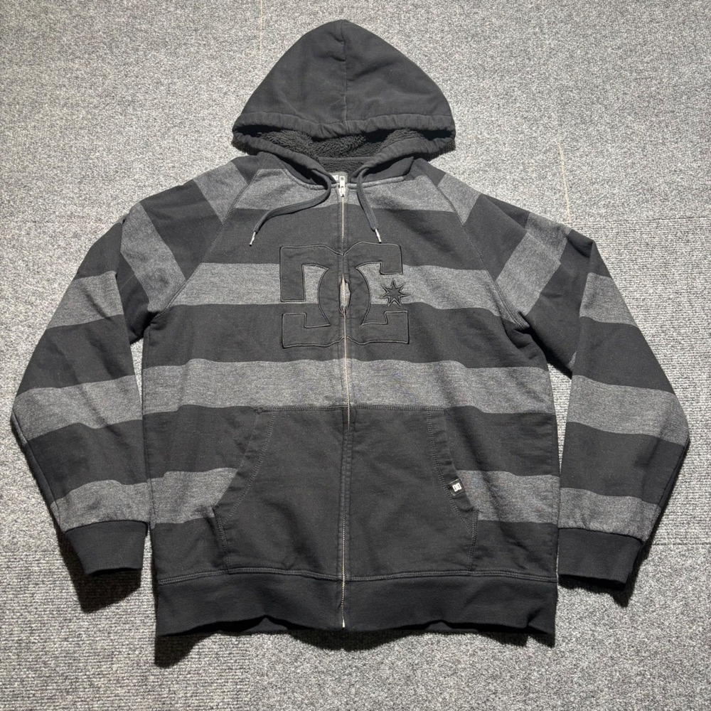 DC Shoes Mens Medium Sherpa  Full Zip Hoodie Striped Black Grey Y2K Skate Sweat